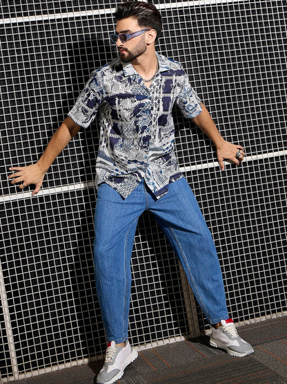 Men’s Blue Abstract Print Cotton Shirt – Cuban Collar | Relaxed Fit