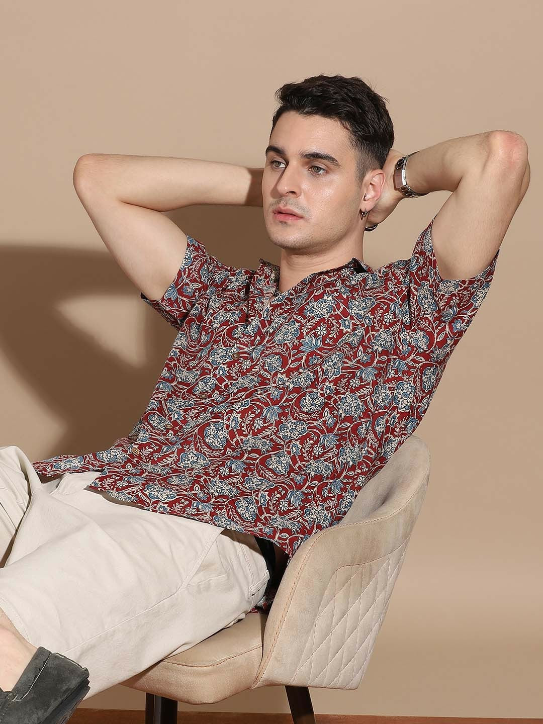 Men’s Maroon Floral Cotton Shirt – Bold Prints, Everyday Comfort
