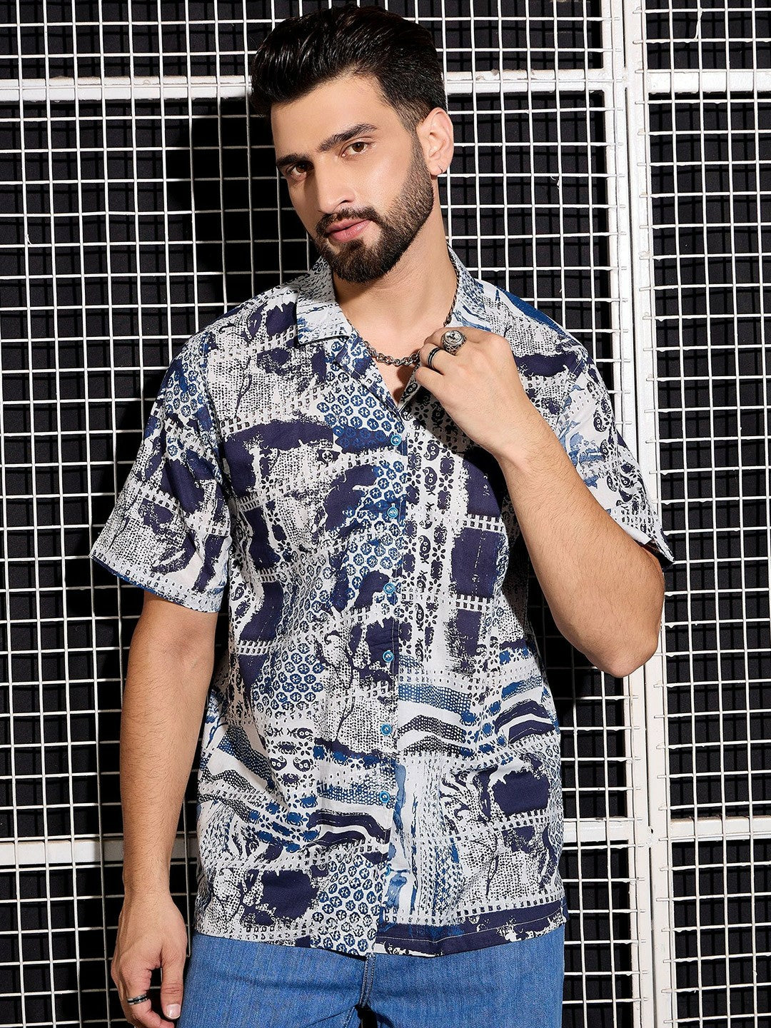 Men’s Blue Abstract Print Cotton Shirt – Cuban Collar | Relaxed Fit