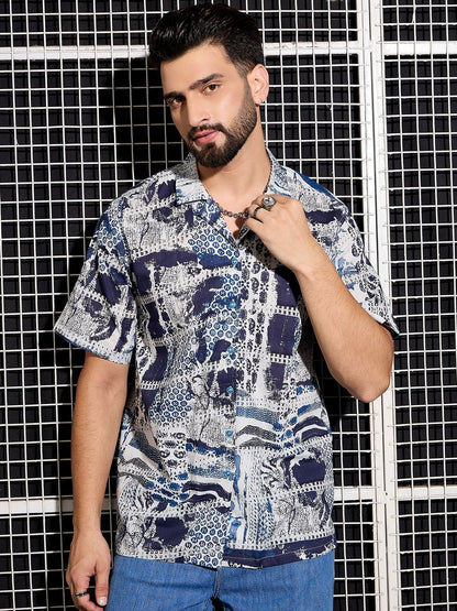 Men’s Blue Abstract Print Cotton Shirt – Cuban Collar | Relaxed Fit