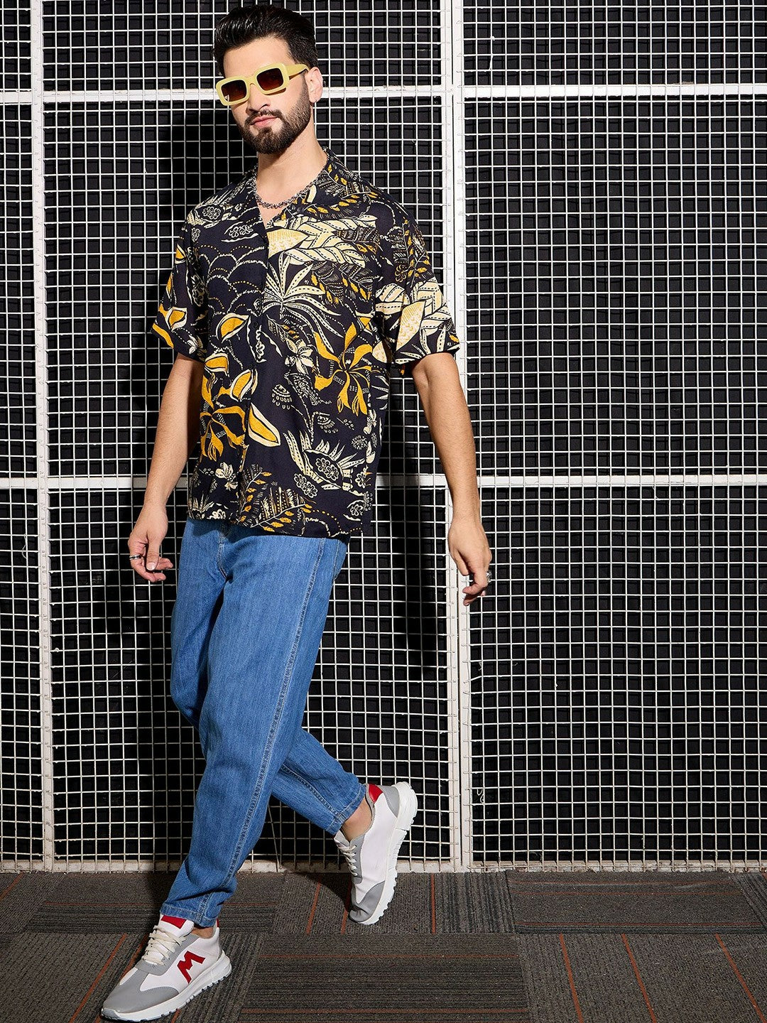 Men’s Black Abstract Print Cotton Shirt – Cuban Collar | Relaxed Fit