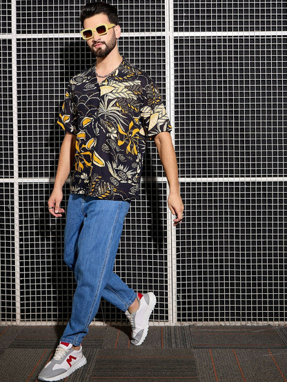 Men’s Black Abstract Print Cotton Shirt – Cuban Collar | Relaxed Fit