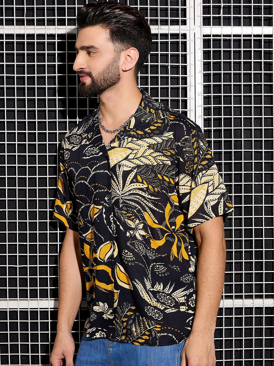 Men’s Black Abstract Print Cotton Shirt – Cuban Collar | Relaxed Fit