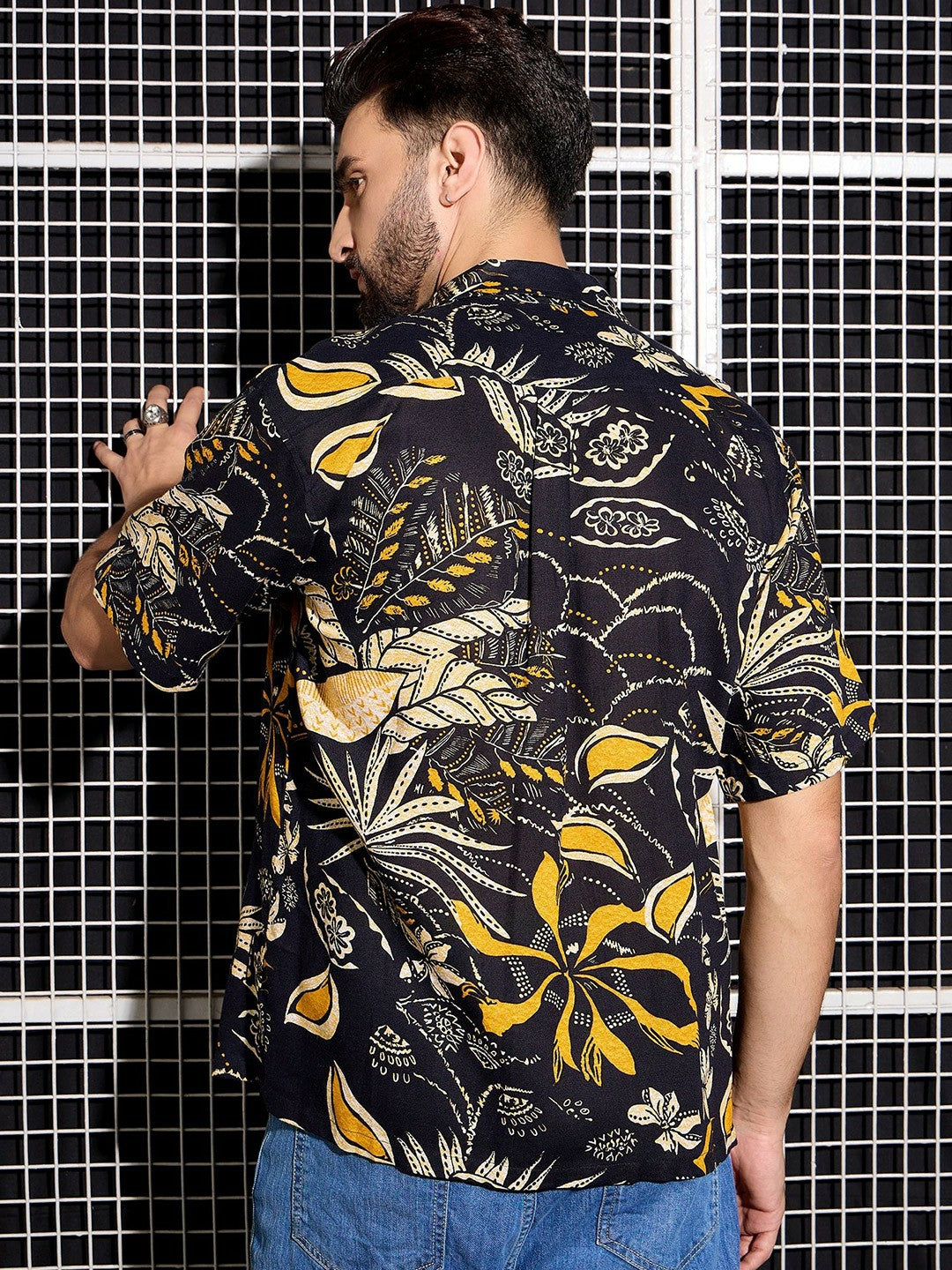 Men’s Black Abstract Print Cotton Shirt – Cuban Collar | Relaxed Fit