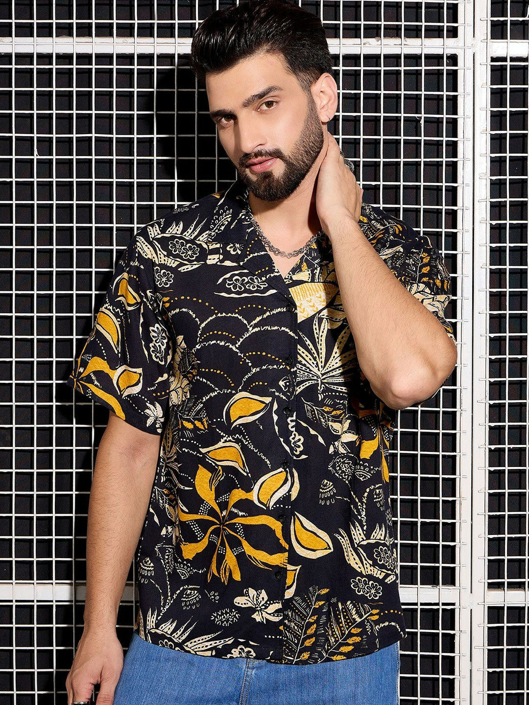 Men’s Black Abstract Print Cotton Shirt – Cuban Collar | Relaxed Fit