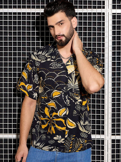 Men’s Black Abstract Print Cotton Shirt – Cuban Collar | Relaxed Fit