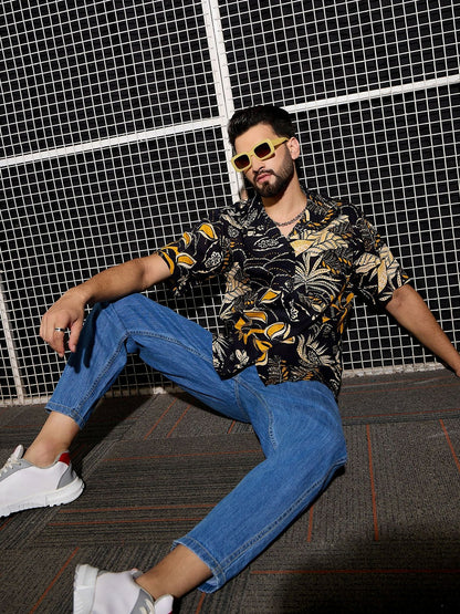 Men’s Black Abstract Print Cotton Shirt – Cuban Collar | Relaxed Fit