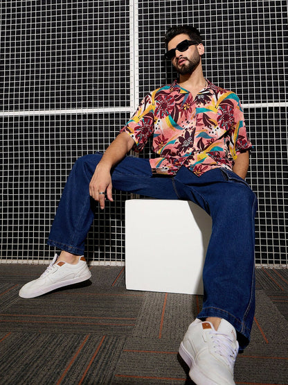 Men’s Peach Abstract Printed Cotton Shirt – Cuban Collar | Relaxed Fit
