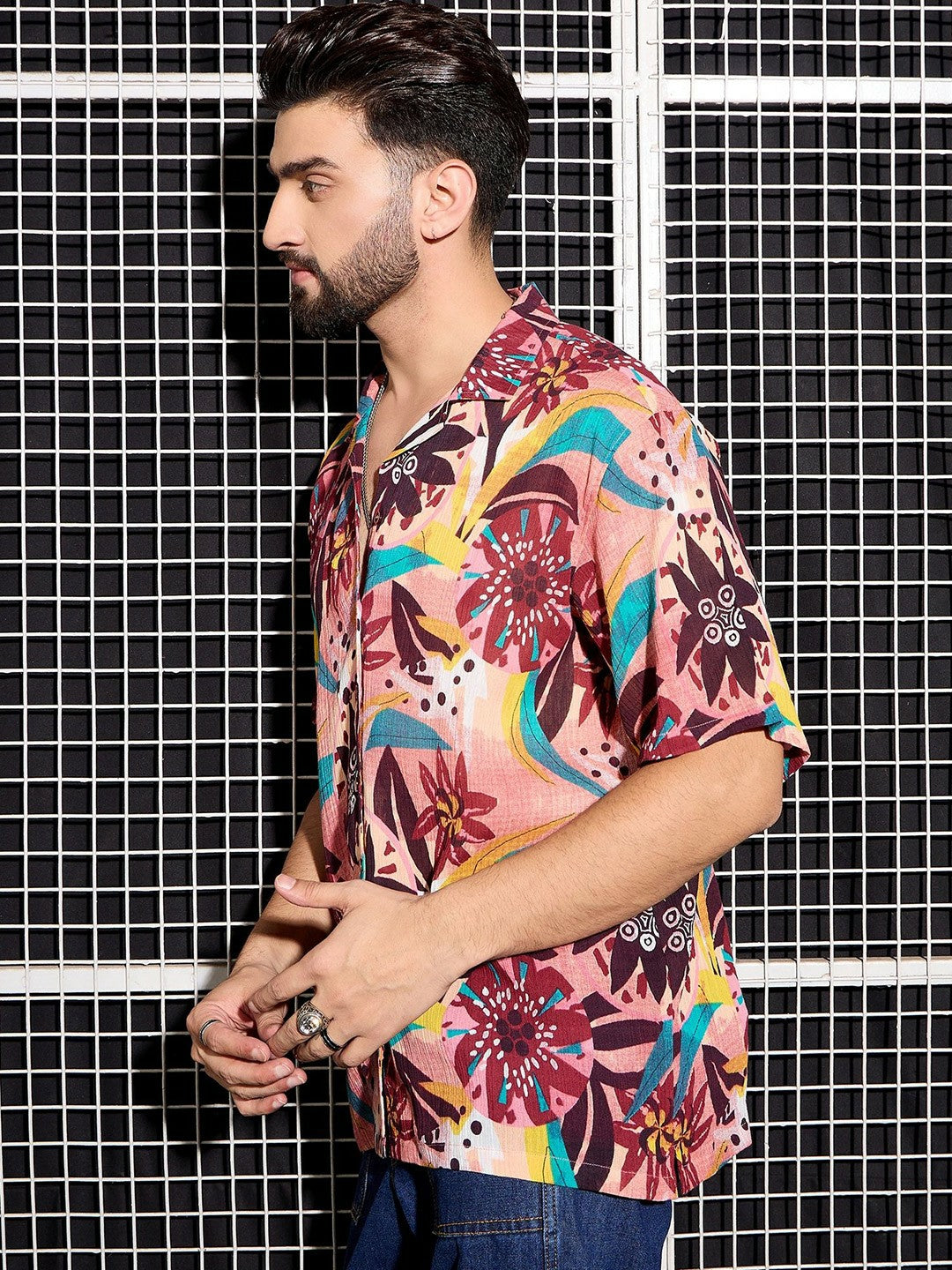 Men’s Peach Abstract Printed Cotton Shirt – Cuban Collar | Relaxed Fit