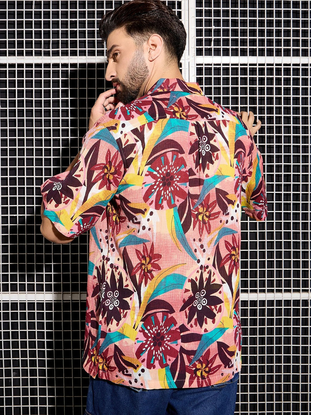 Men’s Peach Abstract Printed Cotton Shirt – Cuban Collar | Relaxed Fit