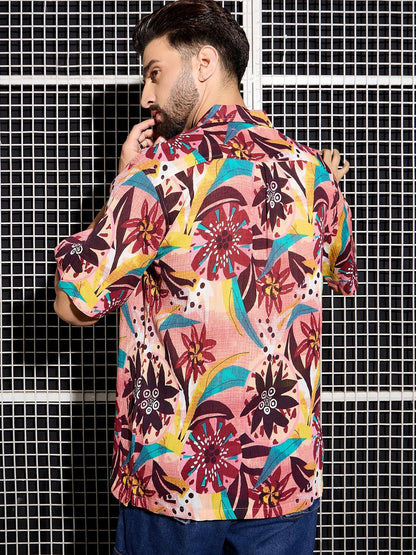 Men’s Peach Abstract Printed Cotton Shirt – Cuban Collar | Relaxed Fit