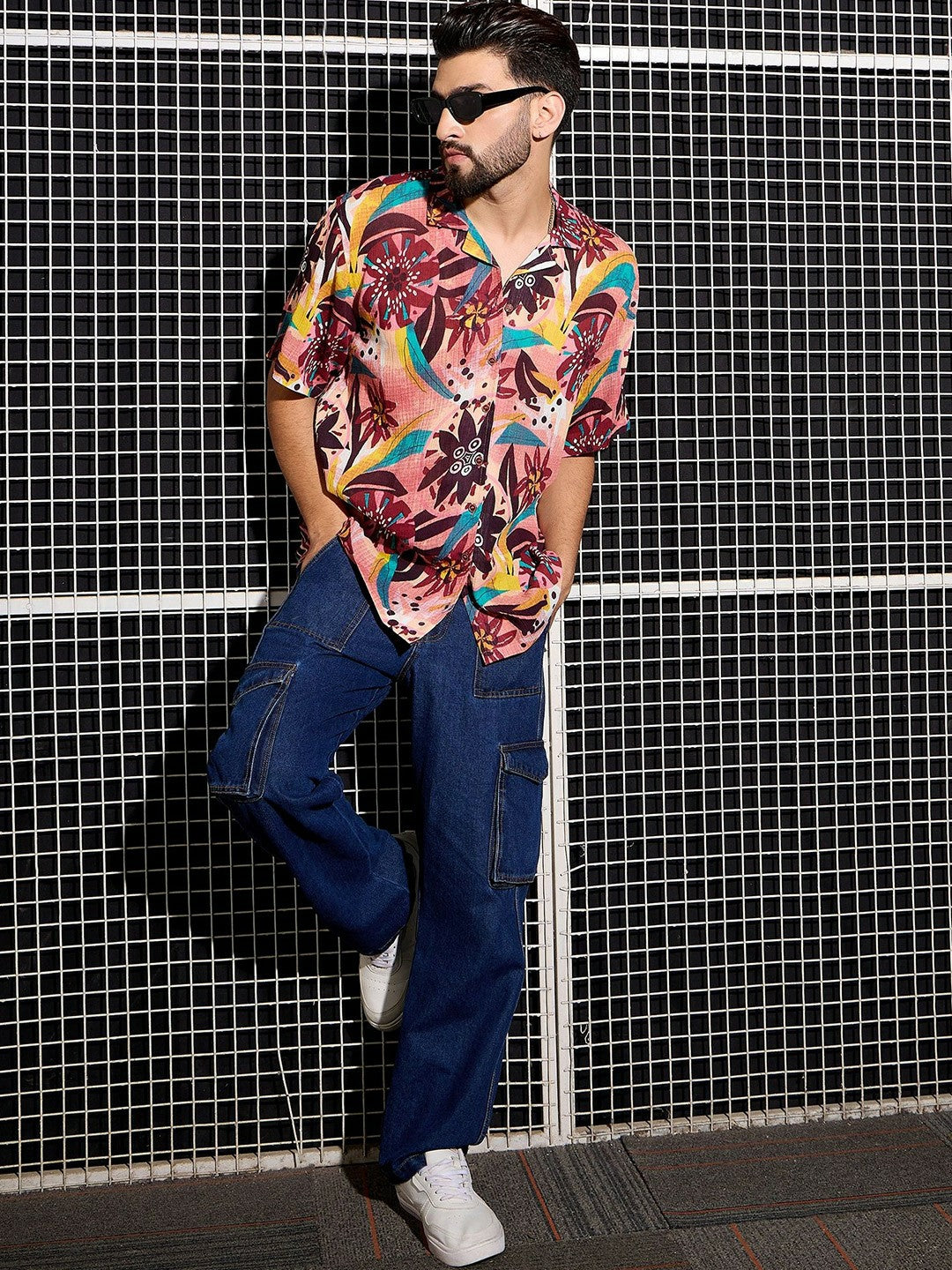 Men’s Peach Abstract Printed Cotton Shirt – Cuban Collar | Relaxed Fit