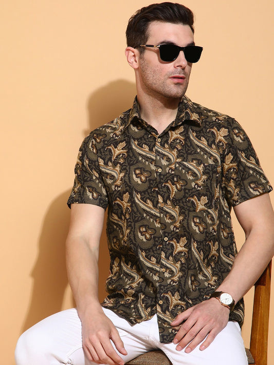 Men’s Brown Floral Printed Cotton Shirt – Slim Fit | Spread Collar