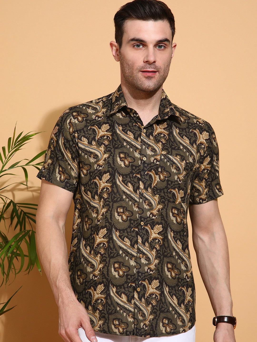 Men’s Brown Floral Printed Cotton Shirt – Slim Fit | Spread Collar