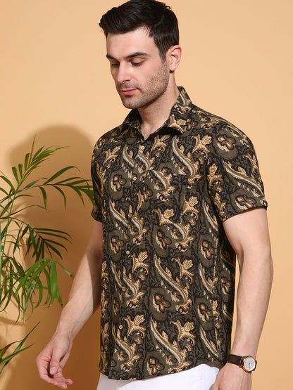 Men’s Brown Floral Printed Cotton Shirt – Slim Fit | Spread Collar
