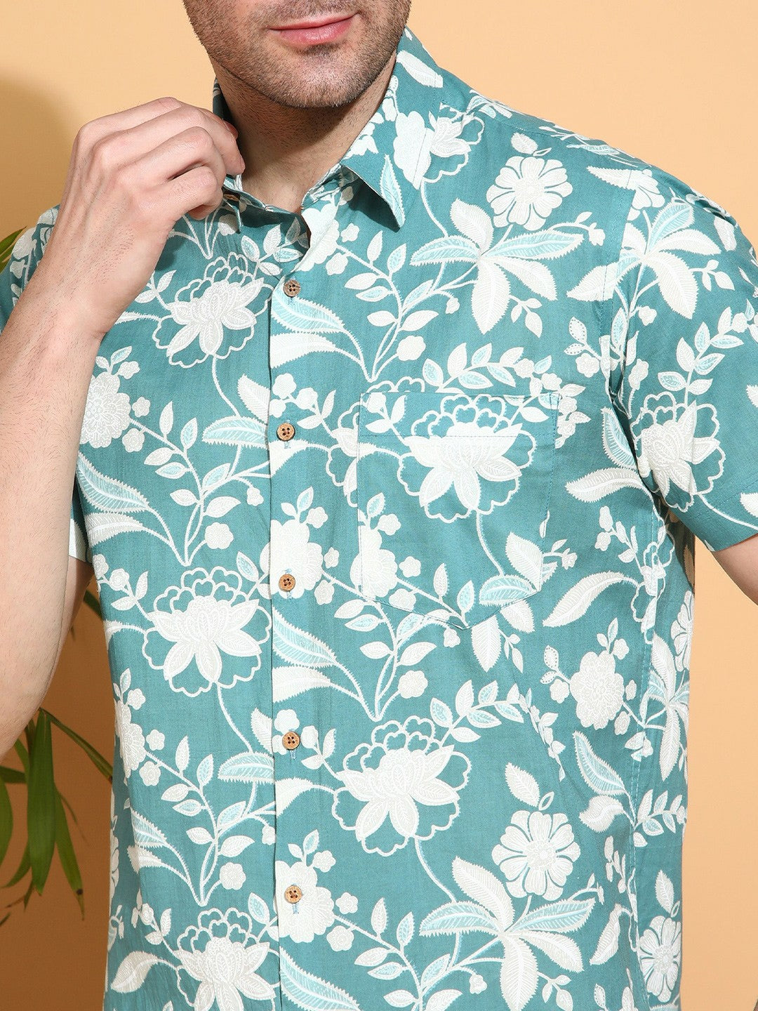 Men’s Blue Floral Printed Cotton Shirt – Slim Fit | Spread Collar