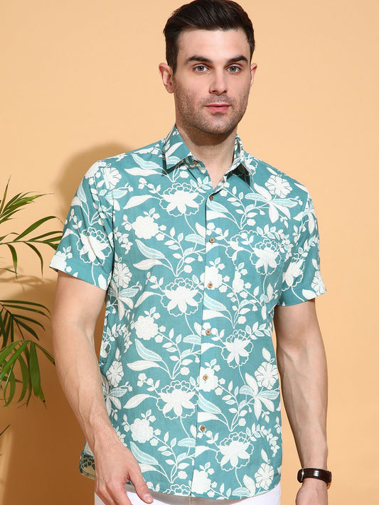 Men’s Blue Floral Printed Cotton Shirt – Slim Fit | Spread Collar