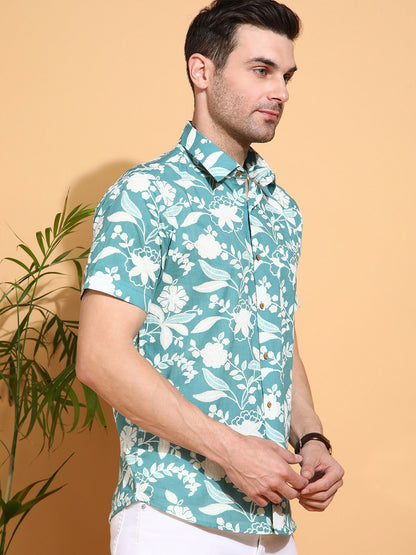Men’s Blue Floral Printed Cotton Shirt – Slim Fit | Spread Collar