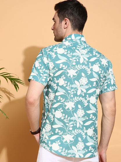 Men’s Blue Floral Printed Cotton Shirt – Slim Fit | Spread Collar
