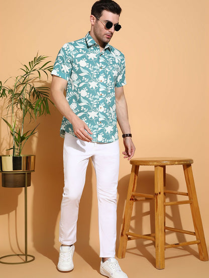 Men’s Blue Floral Printed Cotton Shirt – Slim Fit | Spread Collar