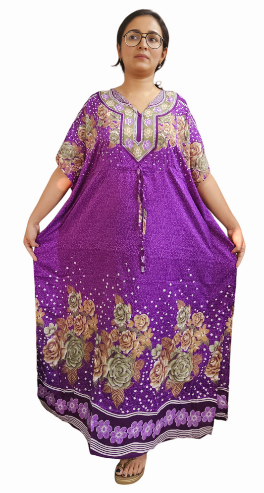 Women's Long Kaftan Dress – Boho Hippy Maxi, Plus Size Caftan Tunic, V-Neck, Floral Print | Indiaista