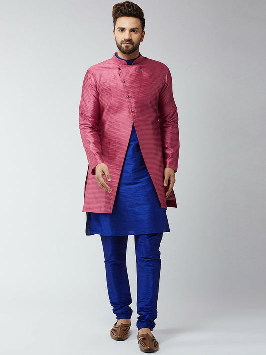 Men's Blue & Pink Self-Design Sherwani Set – Elegant Ethnic Wear | Indiaista