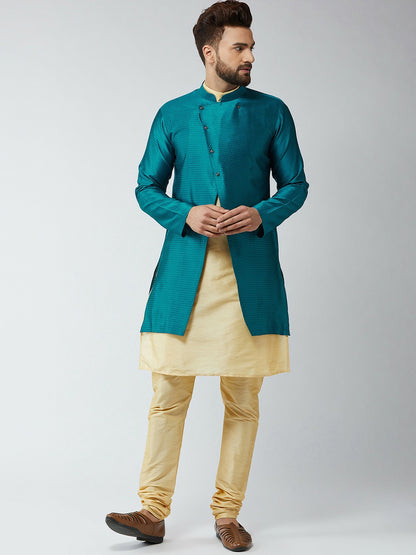 Men’s Gold & Peacock Blue Sherwani Set – Self Design Achkan & Kurta | Indiaista