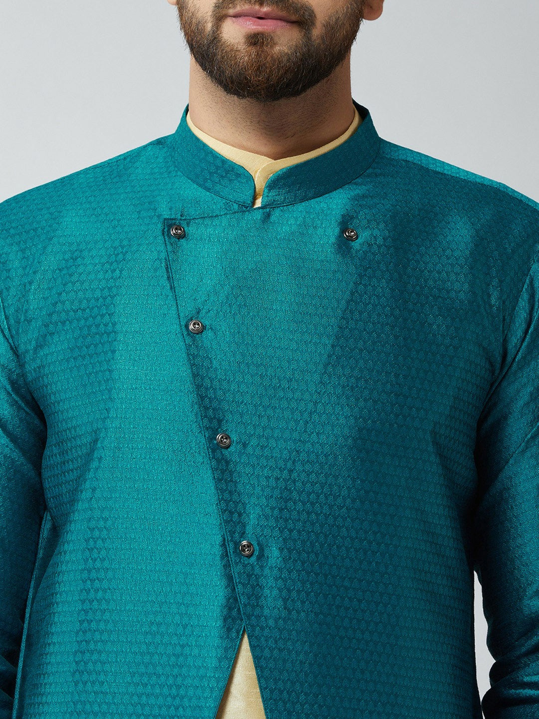 Men’s Gold & Peacock Blue Sherwani Set – Self Design Achkan & Kurta | Indiaista