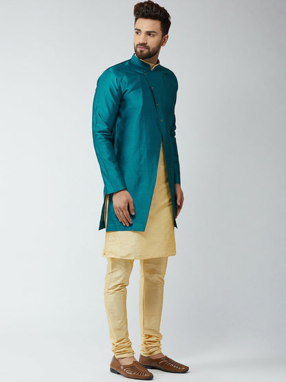 Men’s Gold & Peacock Blue Sherwani Set – Self Design Achkan & Kurta | Indiaista