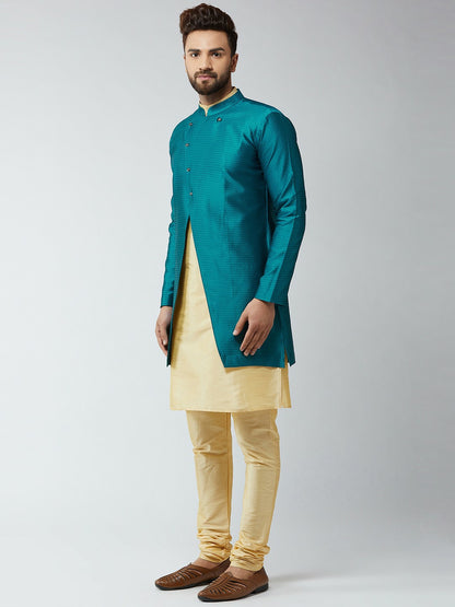 Men’s Gold & Peacock Blue Sherwani Set – Self Design Achkan & Kurta | Indiaista