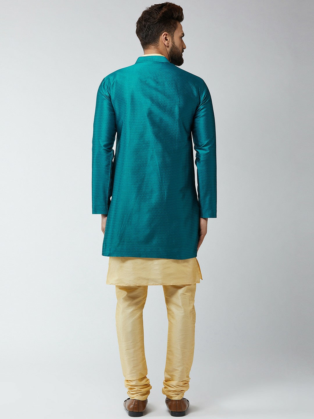 Men’s Gold & Peacock Blue Sherwani Set – Self Design Achkan & Kurta | Indiaista