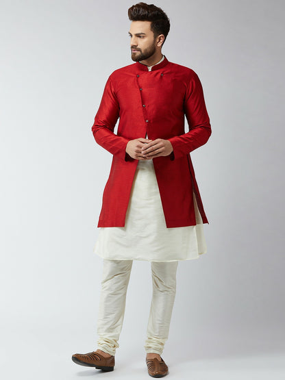 Men's Maroon & Off-White Self-Design Sherwani Set – Achkan Style | Indiaista