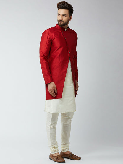 Men's Maroon & Off-White Self-Design Sherwani Set – Achkan Style | Indiaista