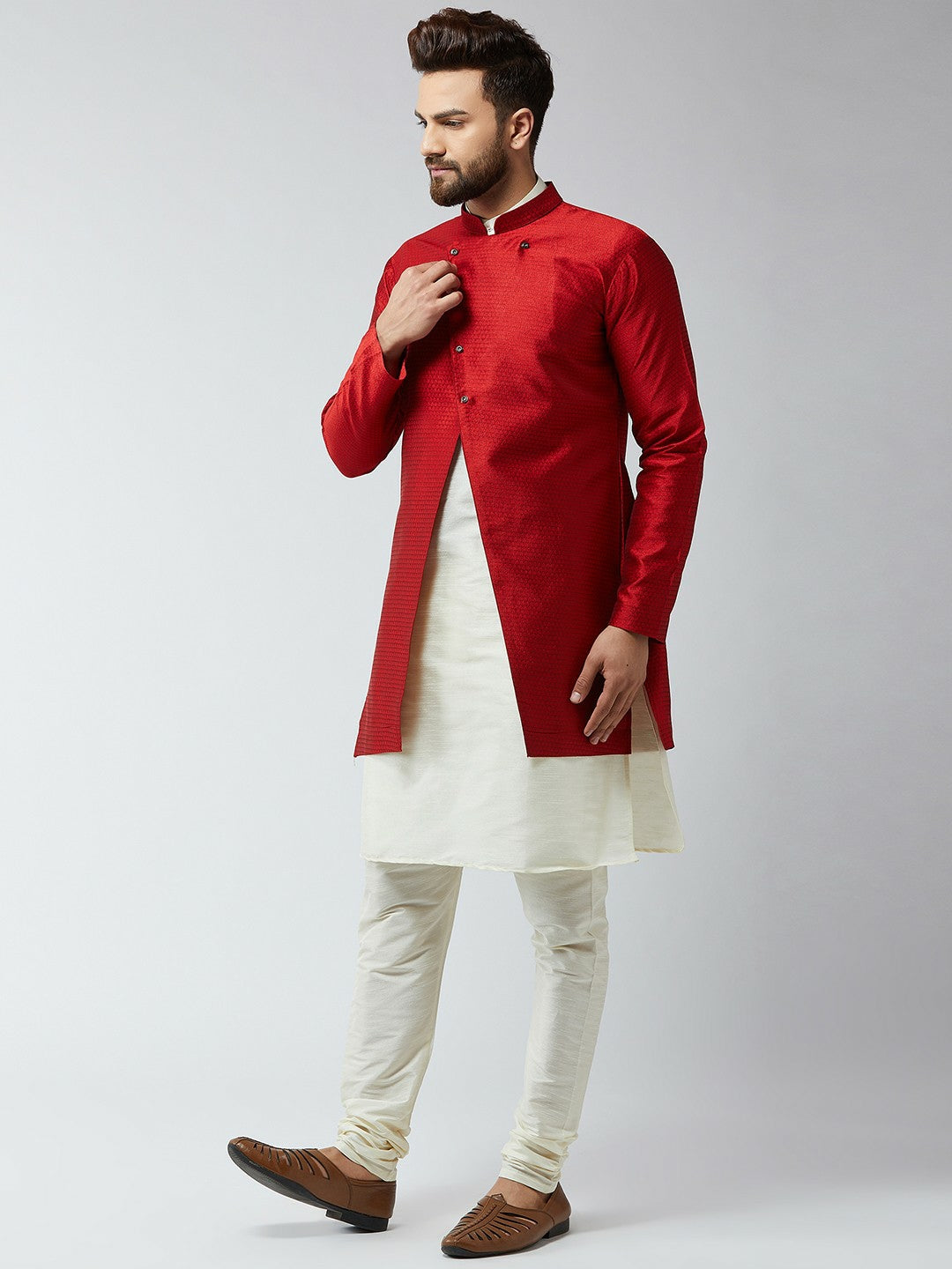 Men's Maroon & Off-White Self-Design Sherwani Set – Achkan Style | Indiaista