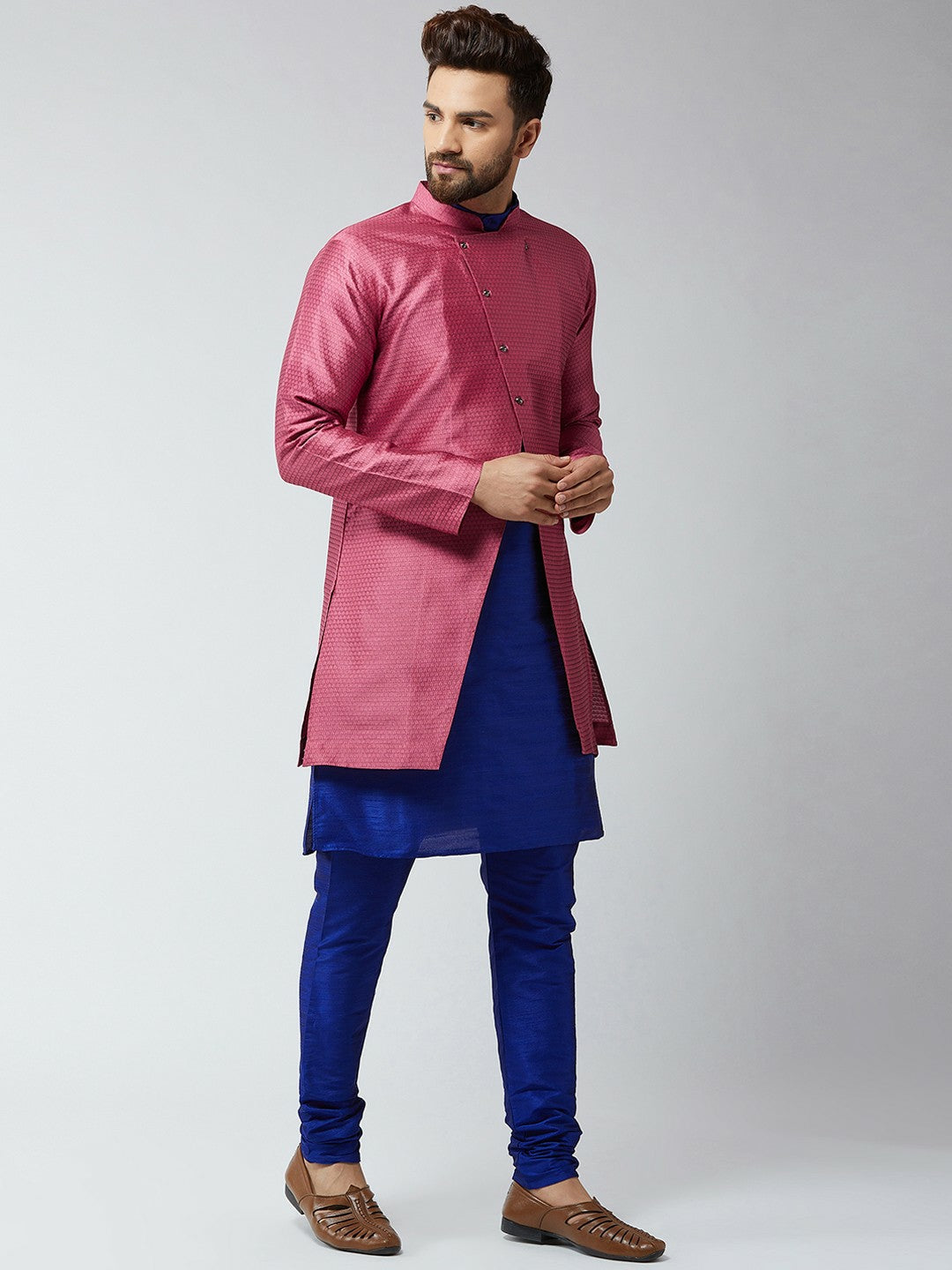 Men's Blue & Pink Self-Design Sherwani Set – Elegant Ethnic Wear | Indiaista