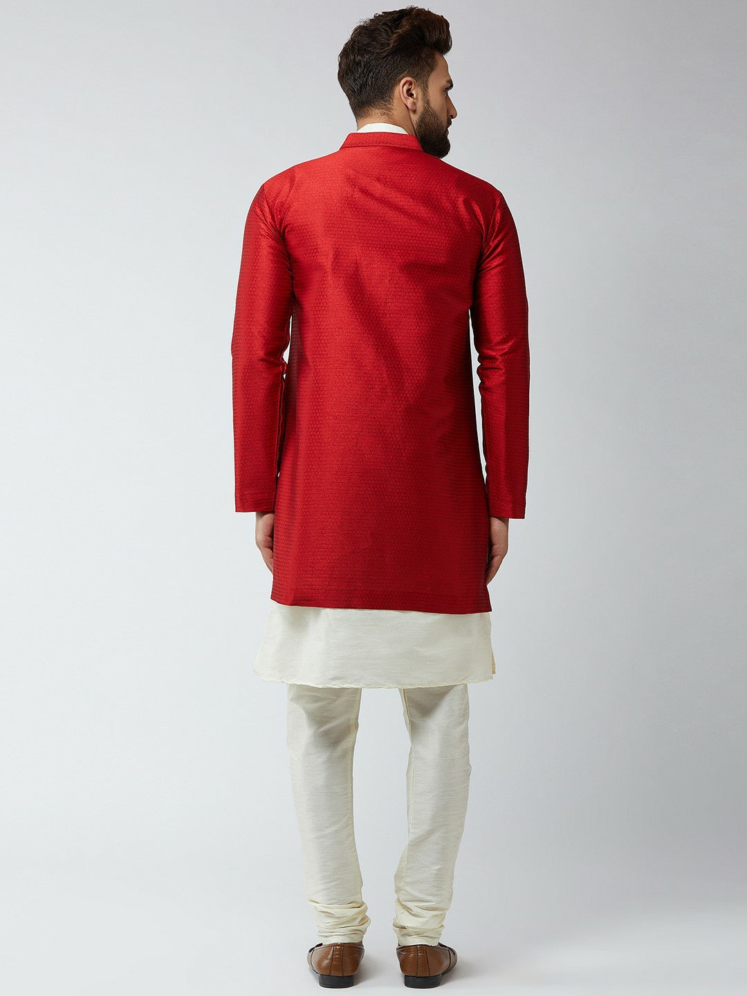 Men's Maroon & Off-White Self-Design Sherwani Set – Achkan Style | Indiaista