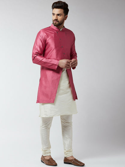 Men’s Off-White & Pink Self-Design Sherwani Set – Elegant Ethnic Wear | Indiaista