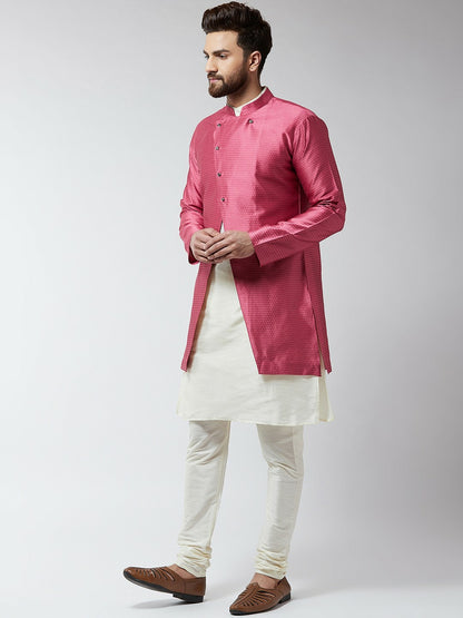 Men’s Off-White & Pink Self-Design Sherwani Set – Elegant Ethnic Wear | Indiaista