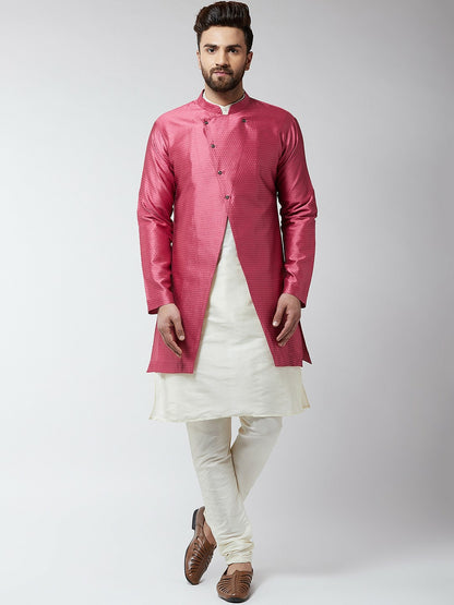 Men’s Off-White & Pink Self-Design Sherwani Set – Elegant Ethnic Wear | Indiaista