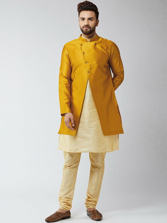 Men’s Gold-Toned & Mustard Yellow Self-Design Sherwani Set – Elegant Ethnic Wear | Indiaista