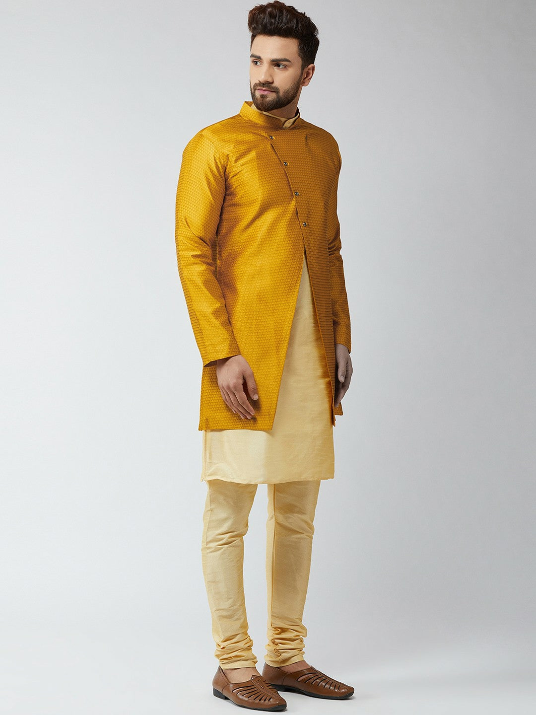 Men’s Gold-Toned & Mustard Yellow Self-Design Sherwani Set – Elegant Ethnic Wear | Indiaista