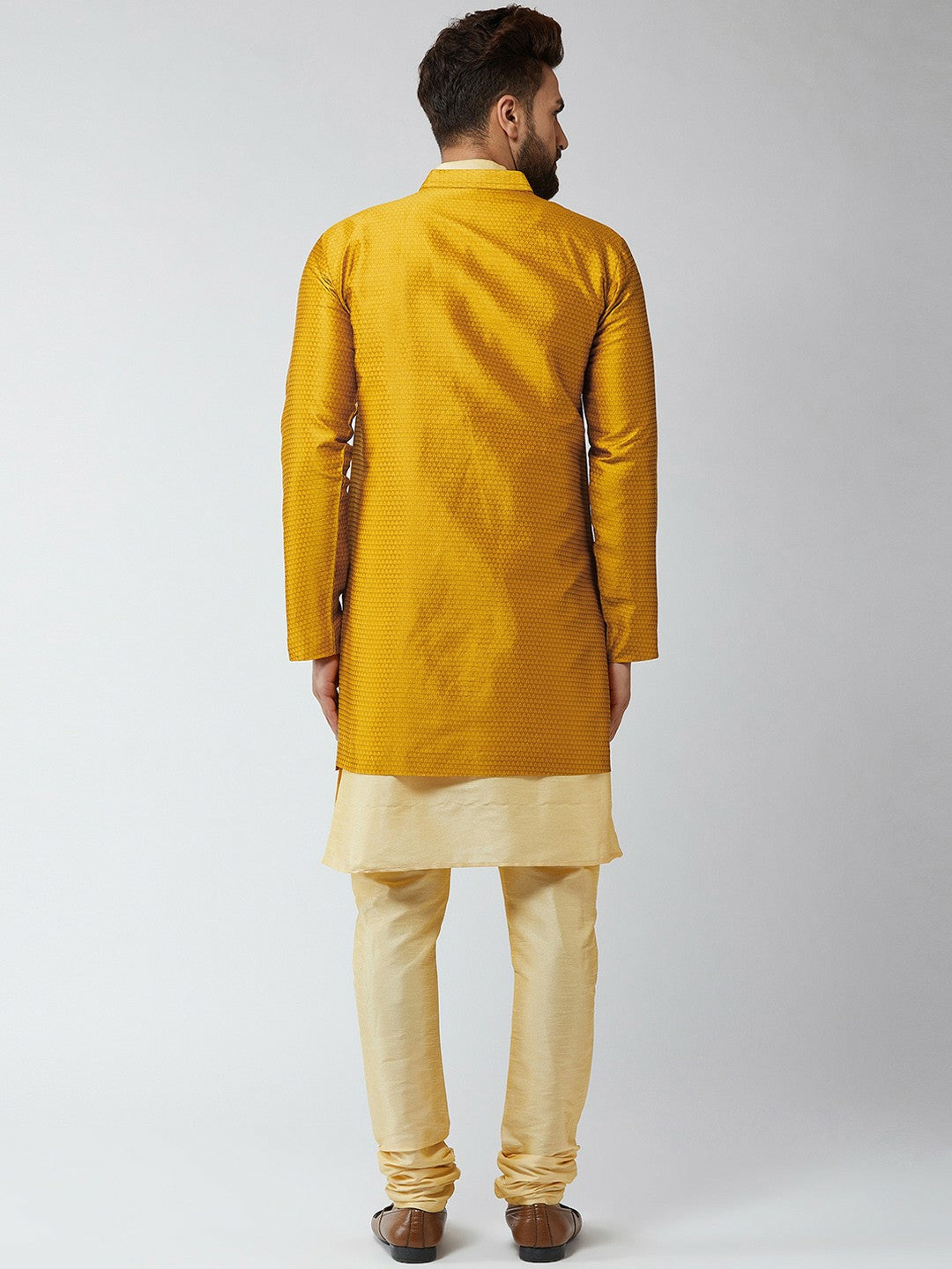 Men’s Gold-Toned & Mustard Yellow Self-Design Sherwani Set – Elegant Ethnic Wear | Indiaista