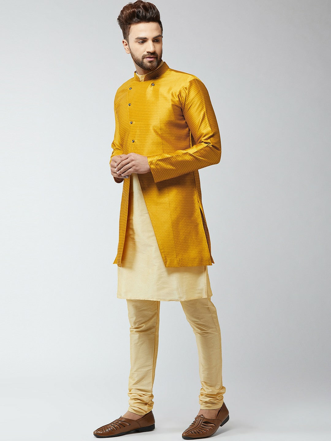 Men’s Gold-Toned & Mustard Yellow Self-Design Sherwani Set – Elegant Ethnic Wear | Indiaista