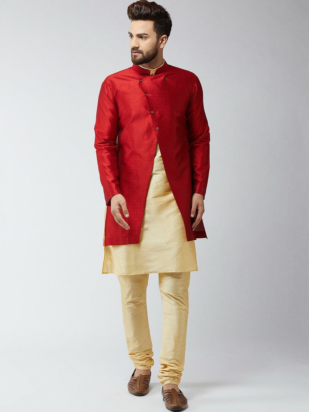 Men's Gold-Toned & Maroon Sherwani Set – Traditional Indian Wedding Outfit