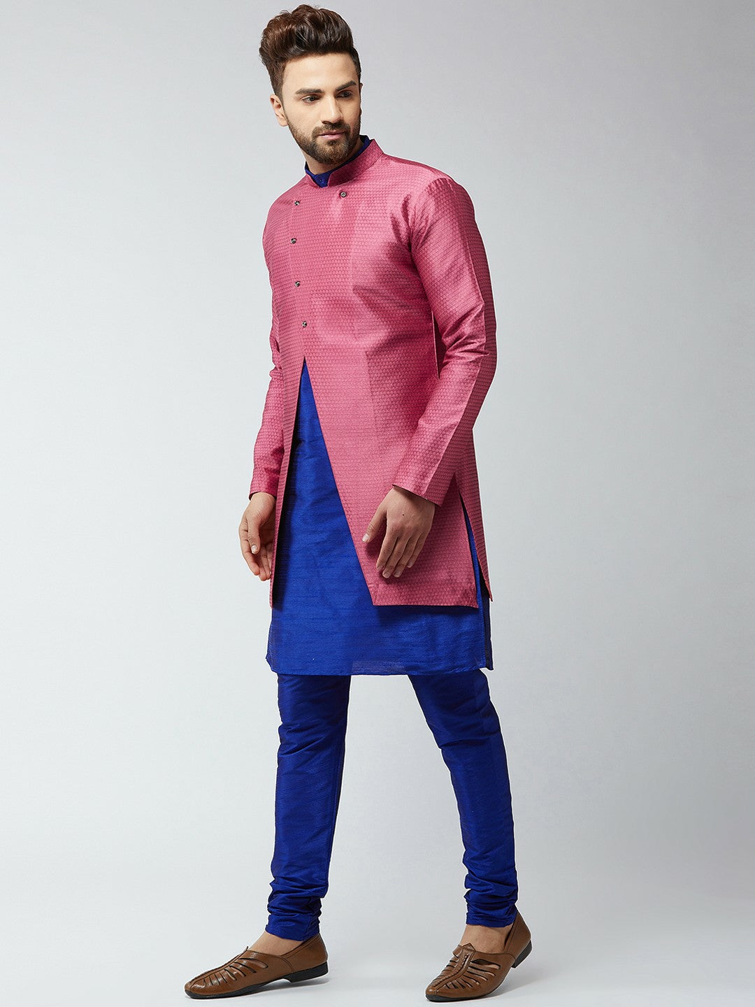 Men's Blue & Pink Self-Design Sherwani Set – Elegant Ethnic Wear | Indiaista