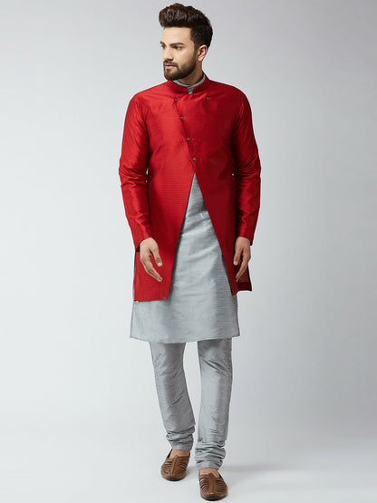 Men's Maroon & Grey Self-Design Sherwani Set with Achkan – Elegant Indian Ethnic Wear