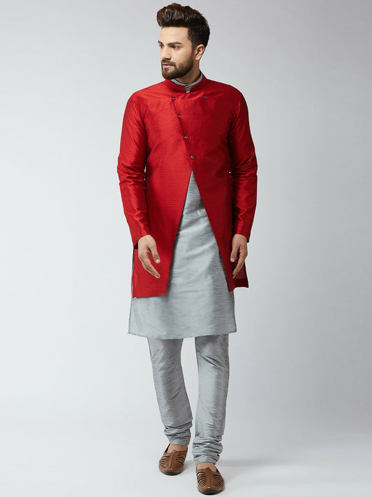 Men's Maroon & Grey Self-Design Sherwani Set with Achkan – Elegant Indian Ethnic Wear