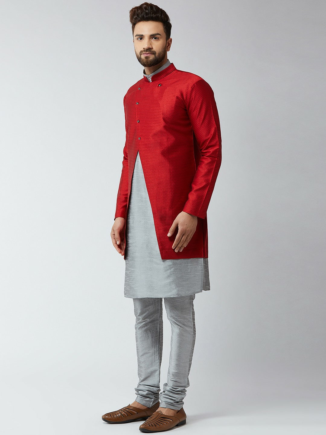 Men's Maroon & Grey Self-Design Sherwani Set with Achkan – Elegant Indian Ethnic Wear