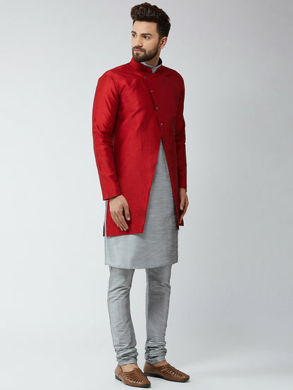 Men's Maroon & Grey Self-Design Sherwani Set with Achkan – Elegant Indian Ethnic Wear