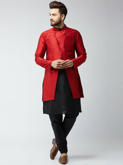 Men’s Maroon & Black Self-Design Sherwani Set – Achkan & Churidar | Indiaista